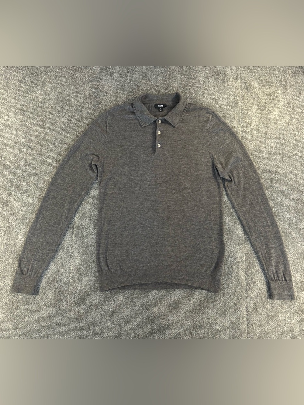 REISS Trafford Merino Wool Long Sleeve Polo Shirt in Grey Melange- Large